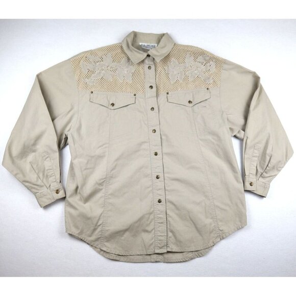 VINTAGE WOMEN S BEIGE LONG SLEEVE BUTTON-UP MESH DETAIL - SIZE L - TOGETHER - Picture 1 of 5